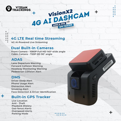 VisionX2 – 4G AI Dashcam with ADAS + DMS + Built-in GPS Tracker (Dual Camera)