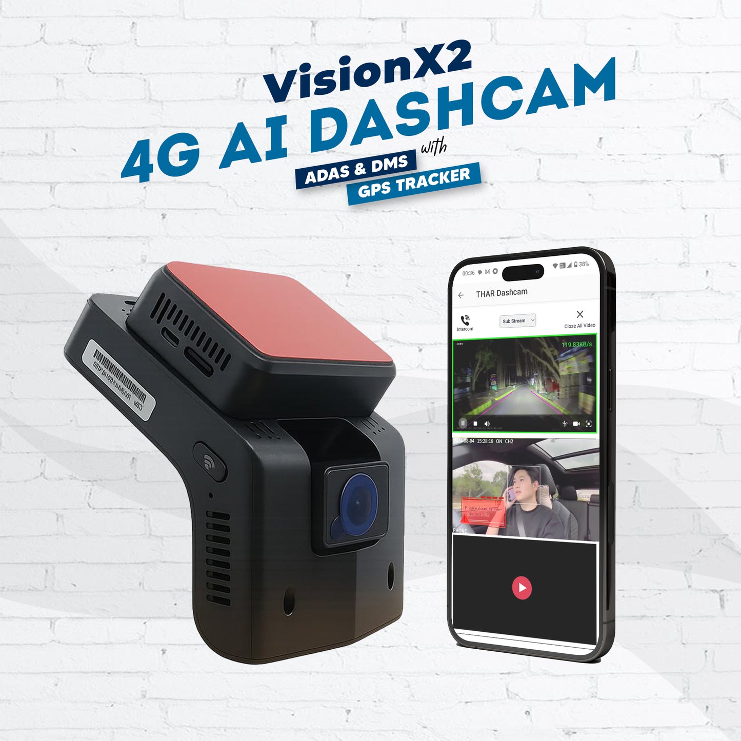 VisionX2 – 4G AI Dashcam with ADAS + DMS + Built-in GPS Tracker (Dual Camera)